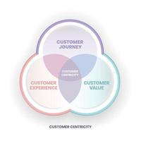 El diagrama de Venn centrado en el cliente tiene el recorrido del cliente, la experiencia del cliente y el valor del cliente para que la organización comprenda las situaciones, la percepción y las expectativas del cliente. presentación infográfica. vector