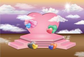 modern podium, hexagon shape and stairs, pink stage decorated with love, cloud and sun shape, romantic and nature nuanced concept, flat style 3d vector illustration