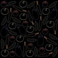 Seamless pattern with colored vegetables on black background. Endless background for your design. Cucumber, tomato, carrot, eggplant, bush pumpkin. Vector image.