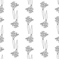 Seamless pattern with cozy black-and-white carrots on white background for fabric, textile, clothes, tablecloth and other things. Vector image.