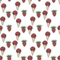 Seamless pattern with great creative red strawberry and strawberry ice cream on white background. Vector image.