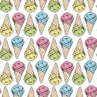 Seamless background with sweet big yellow, pink, green and blue ice cream cones. Endless pattern with colorful ice cream for your design. vector