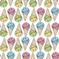 Seamless background with sweet big yellow, pink, green and blue ice cream cones. Endless pattern with colorful ice cream for your design. vector