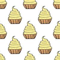 Seamless background with cakes baskets with yellow cream. Endless pattern on white background. Vector image. Sweet food.