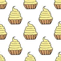 Seamless background with cakes baskets with yellow cream. Endless pattern on white background. Vector image. Sweet food.