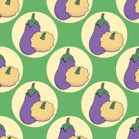 Seamless pattern with colored  eggplant and bush pumpkin on green background. Endless background for your design. Vector image.