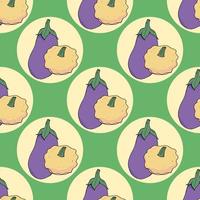 Seamless pattern with colored  eggplant and bush pumpkin on green background. Endless background for your design. Vector image.