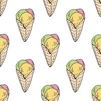 Seamless background with ice cream cone with three flavors. Endless pattern on white background. Vector image. Sweet food.