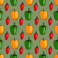 Seamless pattern with stylish positive red, green and orange peppers on green background for fabric, textile, clothes, tablecloth and other things. Vector image.