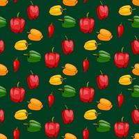 Seamless pattern with stylish positive red, green, yellow and orange peppers on dark green background for fabric, textile, clothes, tablecloth and other things. Vector image.