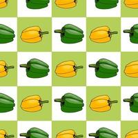 Seamless pattern with stylish yellow and green peppers on white and green squares for fabric, textile, clothes, tablecloth and other things. Vector image.