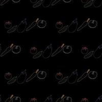 Seamless pattern with colored cucumber, tomato, carrot, eggplant, bush pumpkin on black background. Endless background for your design. Vector image.