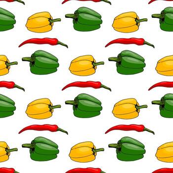 Seamless pattern with cozy multicolored peppers on white background for fabric, textile, clothes, tablecloth and other things. Vector image.
