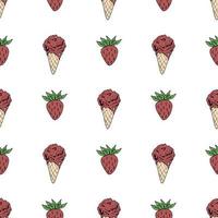 Seamless pattern with great red strawberry and strawberry ice cream on white background. Vector image.