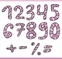 Set with light pink and purple doodle numbers on white background. Vector image.