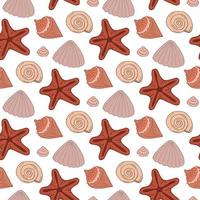 Seamless pattern with beautiful sea shells and starfish on white background. Vector image.