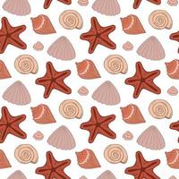 Seamless pattern with beautiful sea shells and starfish on white background. Vector image.