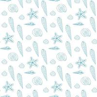 Seamless pattern with blue sea shells on white background. Vector image.