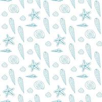 Seamless pattern with blue sea shells on white background. Vector image.