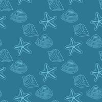 Seamless pattern with light blue sea shells and starfish on dark blue background. Vector image.