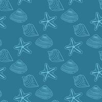 Seamless pattern with light blue sea shells and starfish on dark blue background. Vector image.