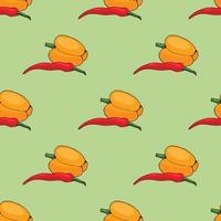 Seamless pattern of orange pepper and red hot pepper on light green background. Endless background for your design. Ingredients for cooking. vector