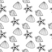 Seamless pattern with black-and-white sea shells and starfish on white background. Vector image.
