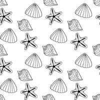 Seamless pattern with black-and-white sea shells and starfish on white background. Vector image.