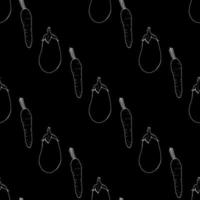 Seamless pattern with great carrots and eggplants on black background. Vector image.