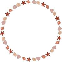 Round frame with creative sea shells on white background. Vector image.