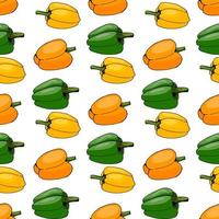 Seamless pattern with orange, green and yellow peppers on white background for fabric, textile, clothes, tablecloth and other things. Vector image.