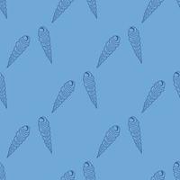 Seamless pattern with dark blue sea shells on light blue background. Vector image.