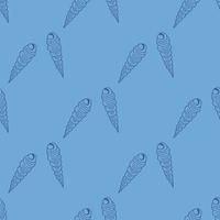 Seamless pattern with dark blue sea shells on light blue background. Vector image.