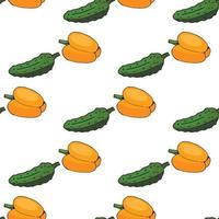 Seamless pattern of orange pepper and green cucumber on white background. Endless background for your design. vector