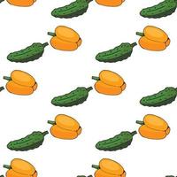 Seamless pattern of orange pepper and green cucumber on white background. Endless background for your design. vector