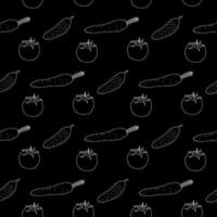 Seamless pattern with great carrots, cucumbers and tomato on black background. Vector image.