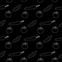 Seamless pattern with great carrots, cucumbers and tomato on black background. Vector image.