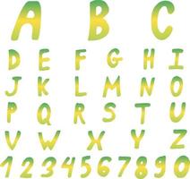 Stylized gradient green and yellow alphabet and numbers on white background. Vector image.