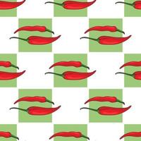 Seamless pattern of red hot chili peppers and green squares. Endless background for your design. Vector image.
