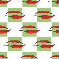 Seamless pattern of red hot chili peppers and green squares. Endless background for your design. Vector image.