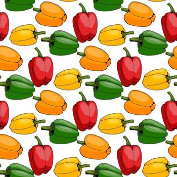 Seamless pattern with red, orange, yellow and green peppers on white background. Endless background of vegetables for your design. Vector image.