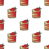 Seamless background with cakes with strawberries and lemon and strawberry cream. Endless pattern on white background. Vector image. Sweet food.