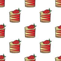 Seamless background with cakes with strawberries and lemon and strawberry cream. Endless pattern on white background. Vector image. Sweet food.