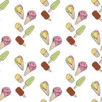 Seamless background of drawing multicolored ice cream cones. Endless pattern with colorful ice cream for your design. vector