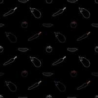 Seamless pattern with great carrots, eggplants, tomato and cucumbers on black background. Vector image.