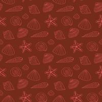 Seamless pattern with red sea shells and starfish on dark red background. Vector image.