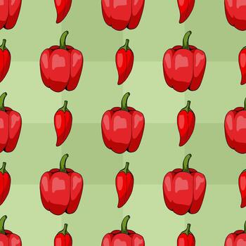 Seamless pattern with creative red peppers on green background. Endless background of vegetables for your design. Vector image.