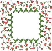 Square frame made of wild strawberries and its green leaves. Vector berries on white background for your design.