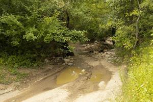 A muddy, country mountain road after rain with a large brown puddle and a small mountain river. photo