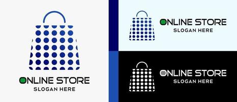 compras en línea o plantilla de diseño de logotipo de tienda en línea con el concepto de elemento de bolsa de compras en el arte moderno. vector de ilustración de logotipo de tienda en línea premium